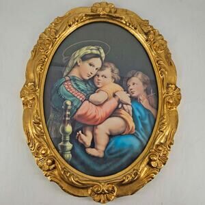 Vintage Italian Florentine Madonna and child Print in Gold Gilt Wood Frame Italy